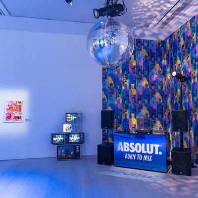 Photo of a sound system in the gallery with "Absolut. Born to mix" written on it.