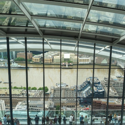 Photo of people on the balcony of the sky garden, looking over the Thames