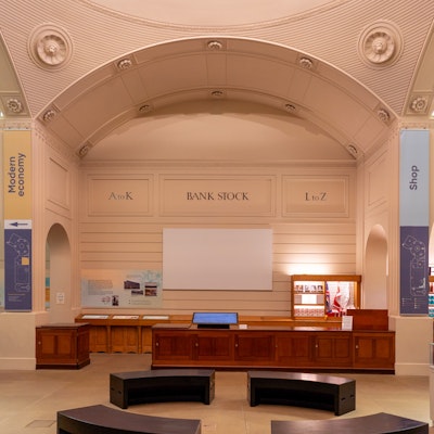 Photo of the interior of the Bank of England Museum, showing some ornate plasterwork.