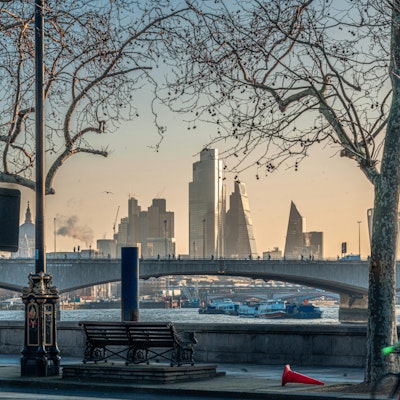 Photo of Waterloo Bridge from the north bank of the Thames.
