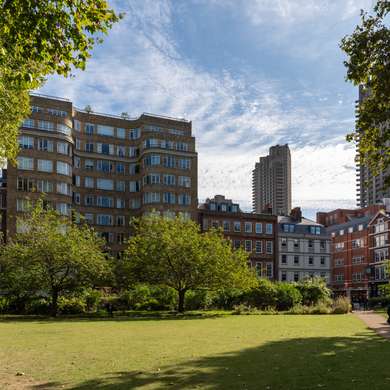 Photo of a grassy square, with a block of flats behind it.