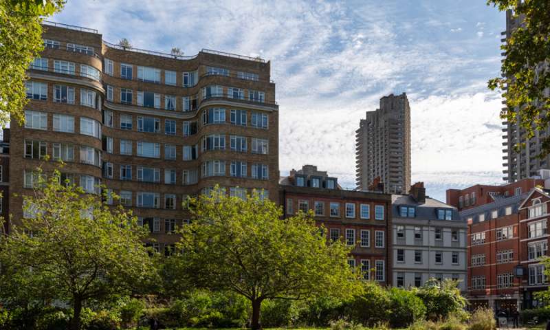 Photo of a grassy square, with a block of flats behind it.