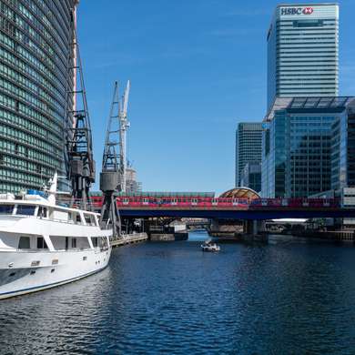 View over North Dock in Canary Wharf, with skyscrapers in the background.
