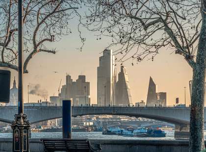 Photo of Waterloo Bridge from the north bank of the Thames.