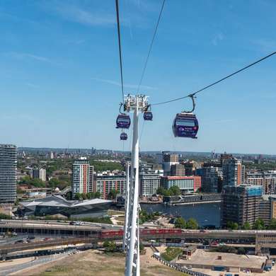 View from the cable car, showing the Royal Victoria Docks from a great height.