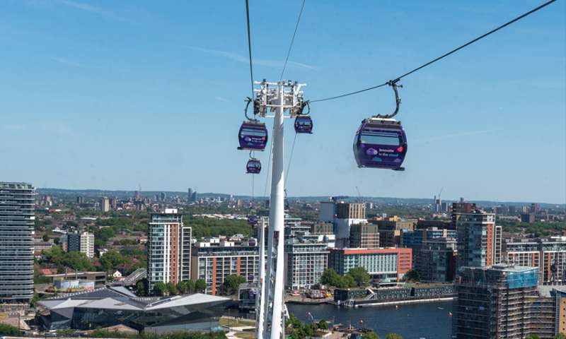 View from the cable car, showing the Royal Victoria Docks from a great height.