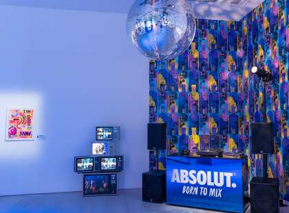 Photo of a sound system in the gallery with "Absolut. Born to mix" written on it.