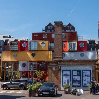 View of Container City 2, a colourful block of flats built of shipping containers for artists.