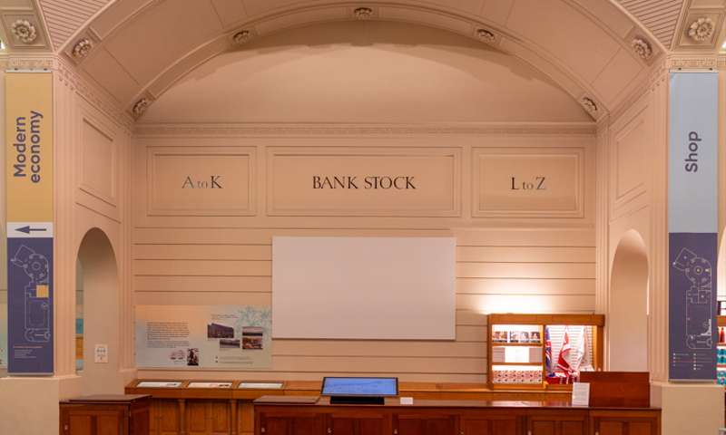 Photo of the interior of the Bank of England Museum, showing some ornate plasterwork.