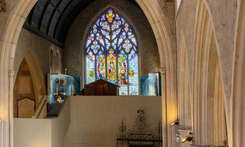 A view of the interior of the museum showing a stained glass window