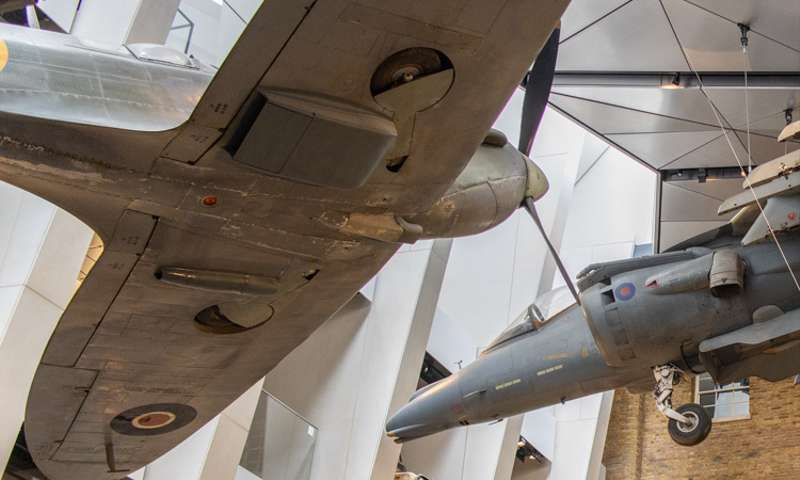 Photo of a Spitfire and Harrier in the museum