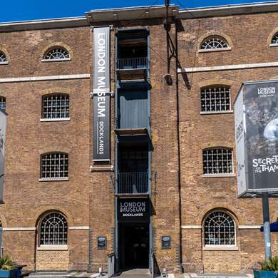 The exterior of the London Museum Docklands, a converted brick built warehouse