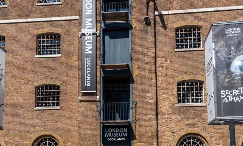 The exterior of the London Museum Docklands, a converted brick built warehouse