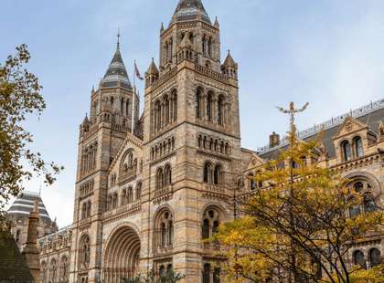 Photo of the Natural History Museum, a cathedral-like gothic structure.