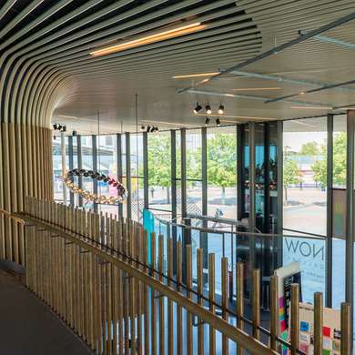 View from the balcony inside the now gallery, its all glass and gold trim.