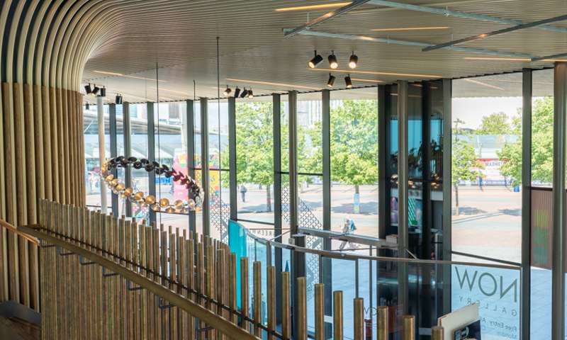 View from the balcony inside the now gallery, its all glass and gold trim.