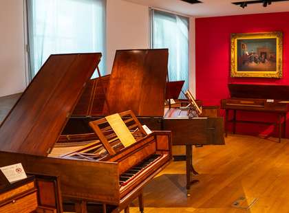 Photo of some pianos in the Royal Academy of Music Museum.