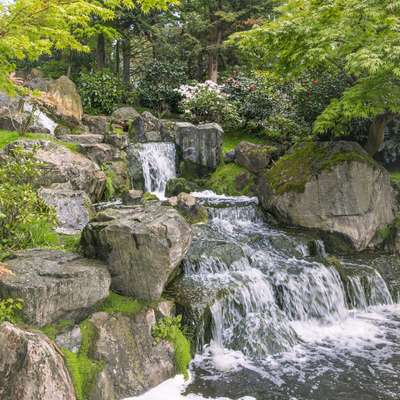 A picture of a waterfall surrounded by trees