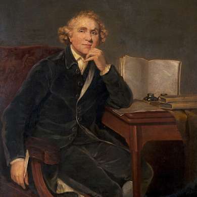 An oil painting of John Hunter at a writing desk