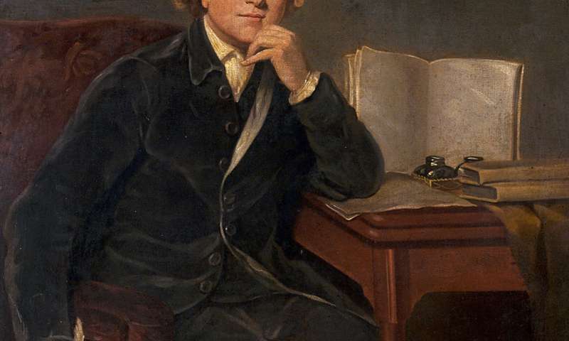 An oil painting of John Hunter at a writing desk