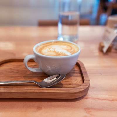 Photo of a flat white with fern-like latte art.